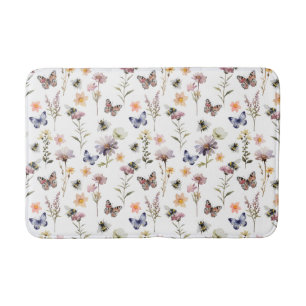 Purple Watercolor Wildflower Butterfly & Bee Bath Mat