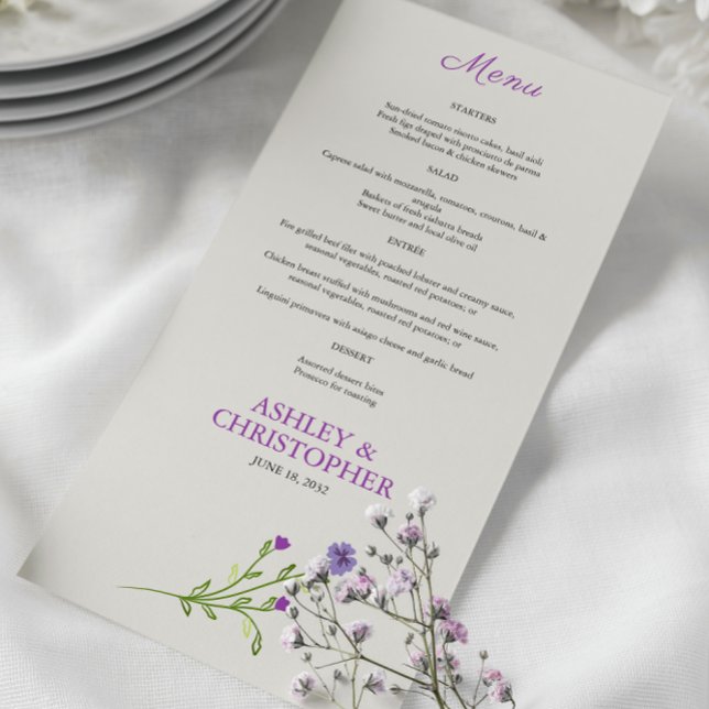 Purple Watercolor Wildflower Wedding Menu (Creator Uploaded)