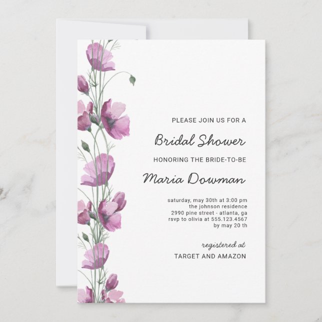  Purple watercolor wildflowers Bridal Shower  Invi Invitation (Front)
