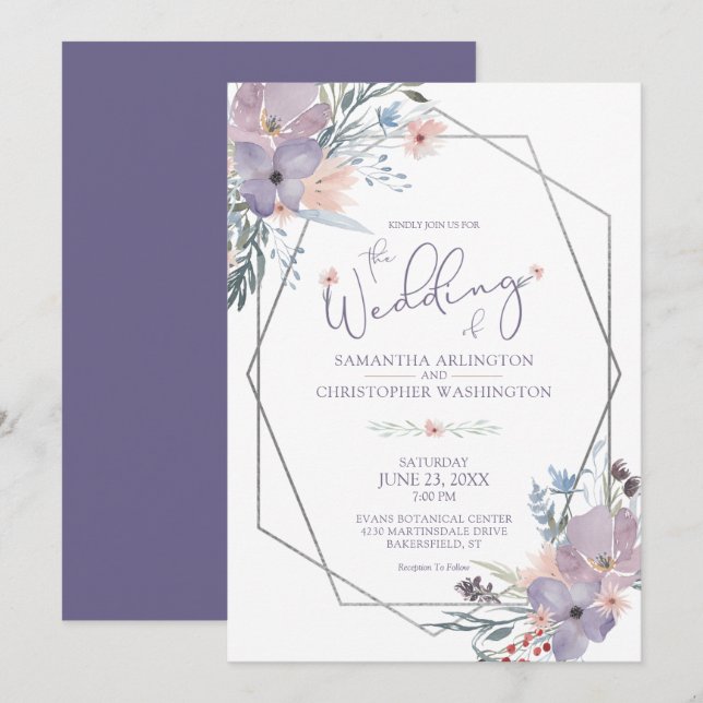 Purple Watercolor Wildflowers Geometric Wedding Invitation (Front/Back)