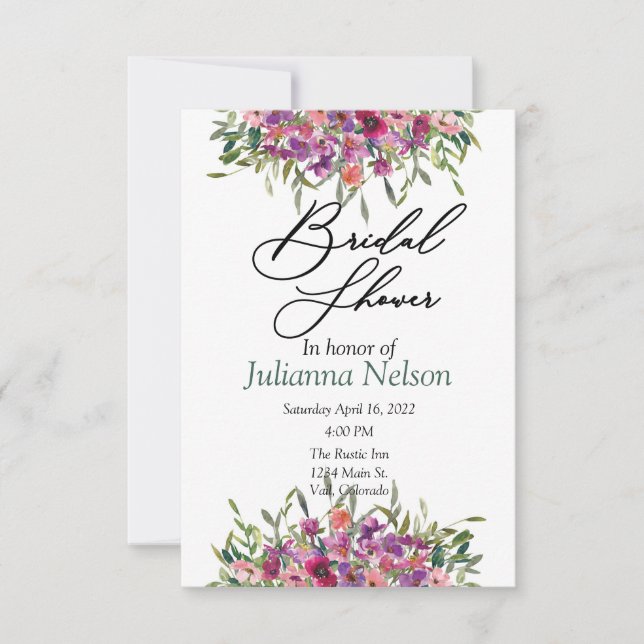 Purple watercolor wildflowers  invitation (Front)