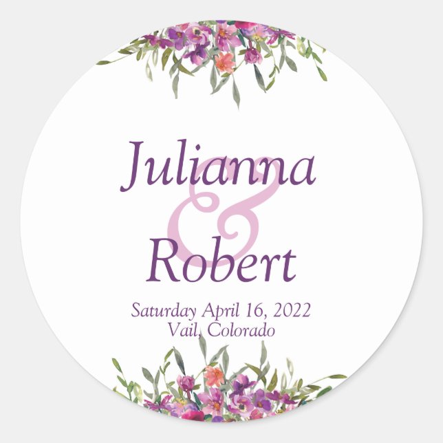 Purple watercolor wildflowers  wedding classic rou classic round sticker (Front)