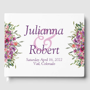 Purple watercolor wildflowers wedding guest book