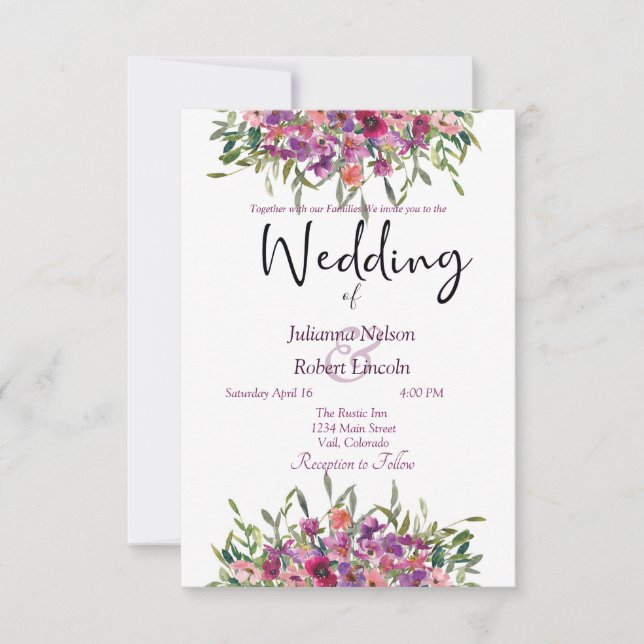 Purple watercolor wildflowers wedding invitation (Front)