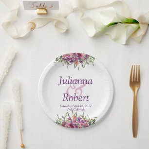 Purple watercolor wildflowers wedding paper plat plate