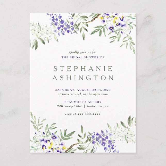 Purple Watercolor Wisteria Bridal Shower Invitation Postcard (Front)