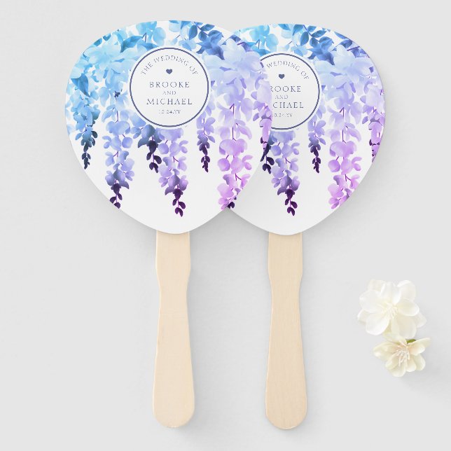 Purple Watercolor Wisteria Floral Wedding Hand Fan (Front and Back)