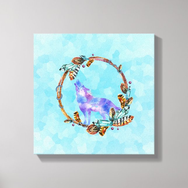 Purple Watercolor Wolf with a Boho Wreath Canvas Print (Front)