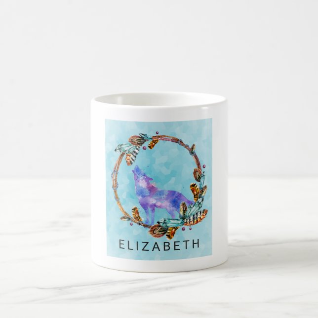 Purple Watercolor Wolf with a Boho Wreath Custom Coffee Mug (Center)