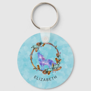 Purple Watercolor Wolf with a Boho Wreath Custom Key Ring