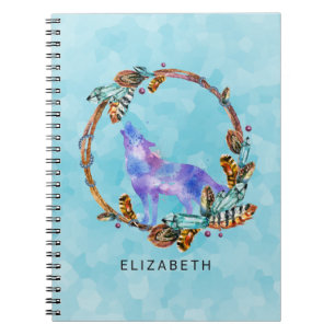 Purple Watercolor Wolf with a Boho Wreath Custom Notebook