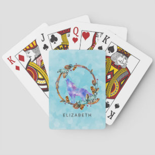 Purple Watercolor Wolf with a Boho Wreath Custom Playing Cards