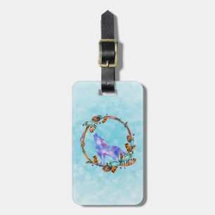 Purple Watercolor Wolf with a Boho Wreath Luggage Tag