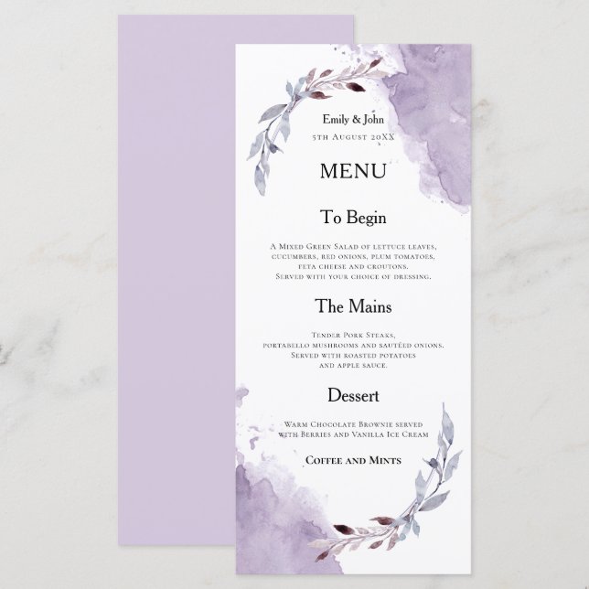 Purple Watercolors Foliage Text Wedding  Menu (Front/Back)