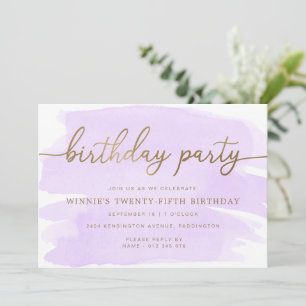 Purple Watercolour Gold Birthday Party Invitation