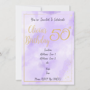 Purple Watercolour & Gold Border Birthday  Invitation
