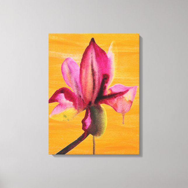 Purple watercolour orchid art on orange pop canvas print (Front)