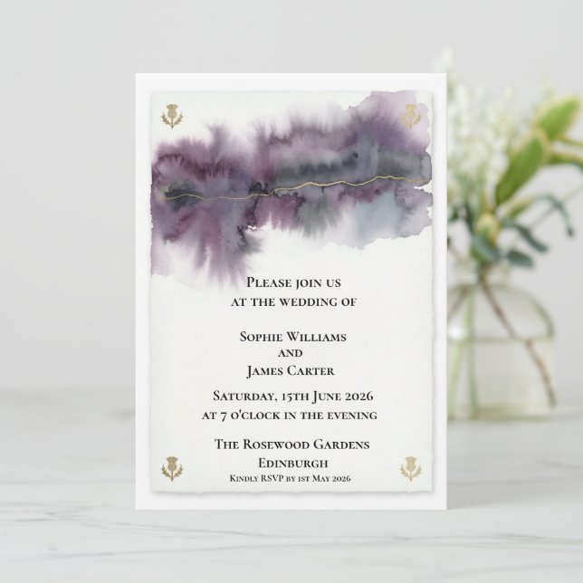 Purple Watercolour Thistle Wedding Invitation (Standing Front)