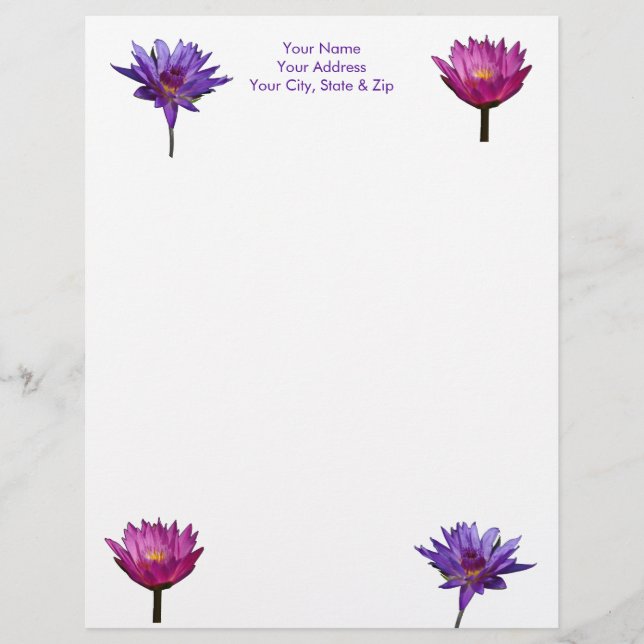 Purple Waterlily Lotus Custom Letterhead (Front)
