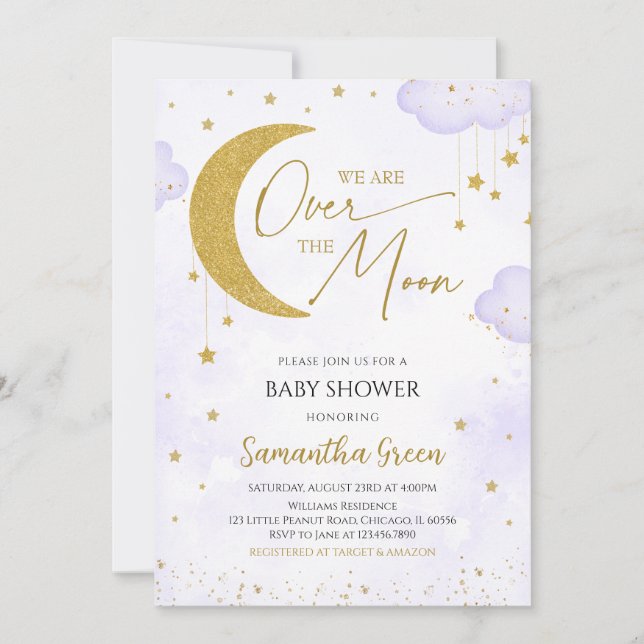 Purple We are Over the Moon Baby Shower Invitation (Front)