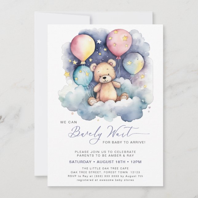Purple We Can Bearly Wait Bear Baby Shower         Invitation (Front)