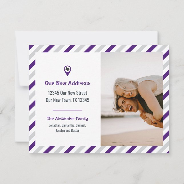 Purple We Have Moved Striped Moving Photo (Back)