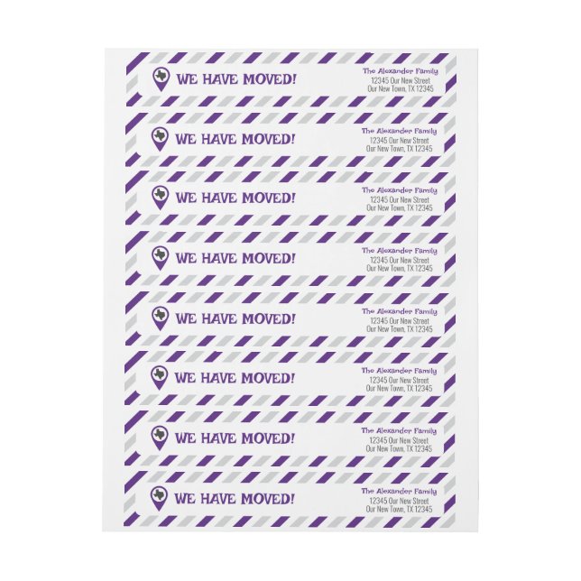 Purple We Have Moved Striped Moving  Wrap Around Label (Sheet)