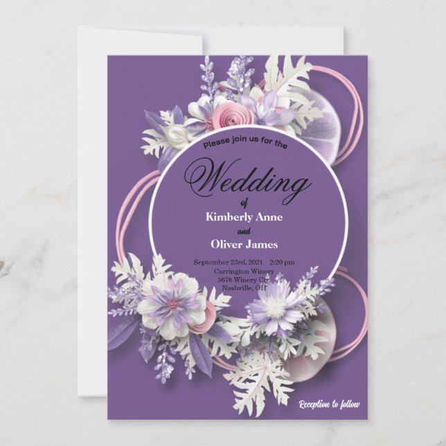 Purple Wedding and florals white and pink  Invitation (Front)