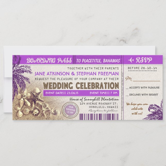 purple wedding boarding pass tickets invitation (Front)