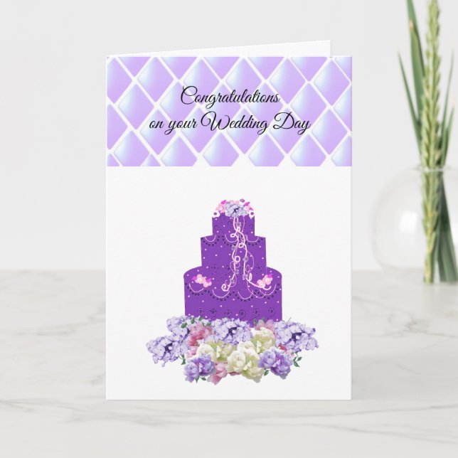 Purple Wedding Cake Floral Congratulation  Card (Front)