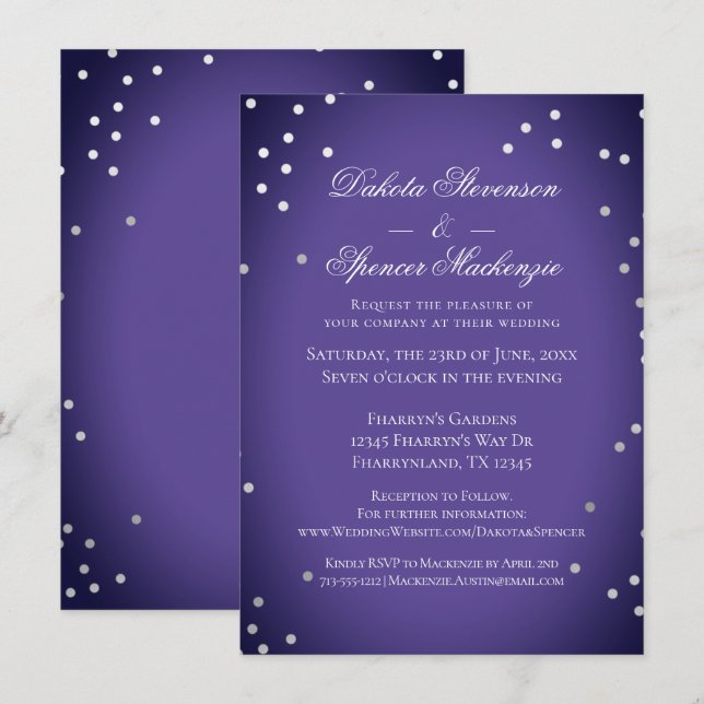 Purple Wedding | Chic Ultra-Violet Silver Confetti Invitation (Front/Back)