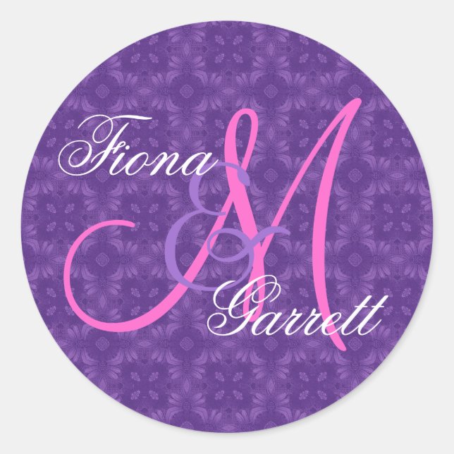 Purple Wedding Custom Monogram V07 Classic Round Sticker (Front)