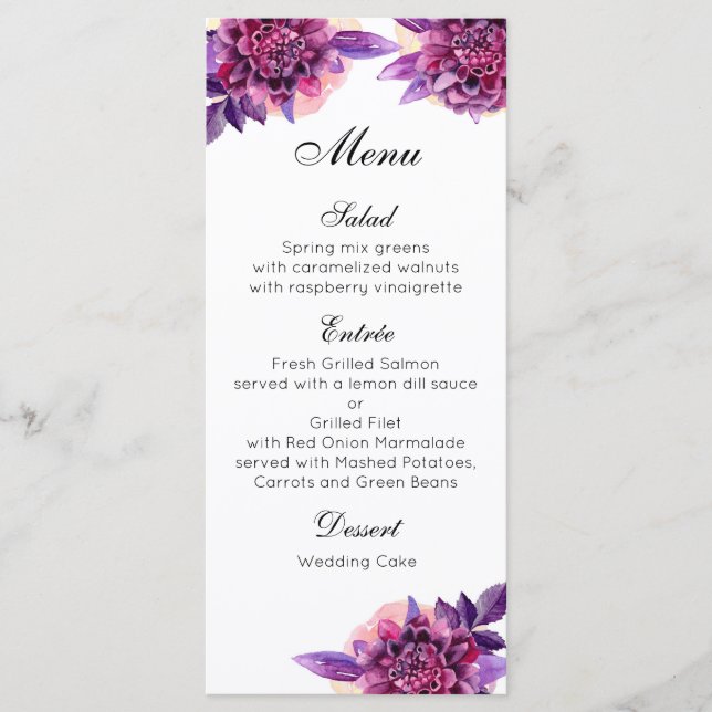 Purple wedding dinner menu. Floral menu party (Front)