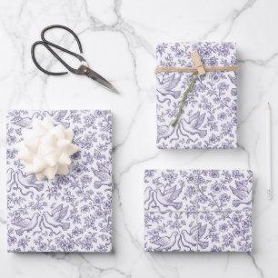 Purple Wedding Doves with Ribbons and Flowers Wrapping Paper Sheet