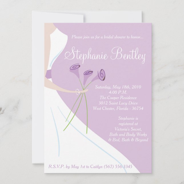 Purple Wedding Dress Bridal Shower Invitation (Front)
