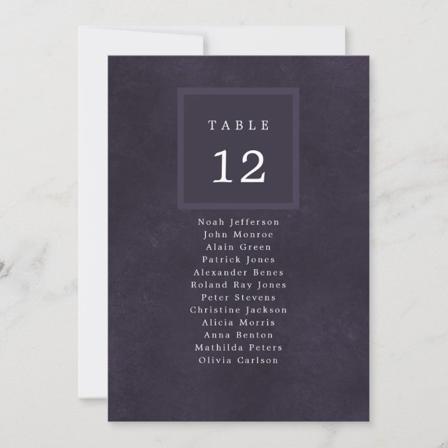 Purple wedding guests seating chart table number (Front)
