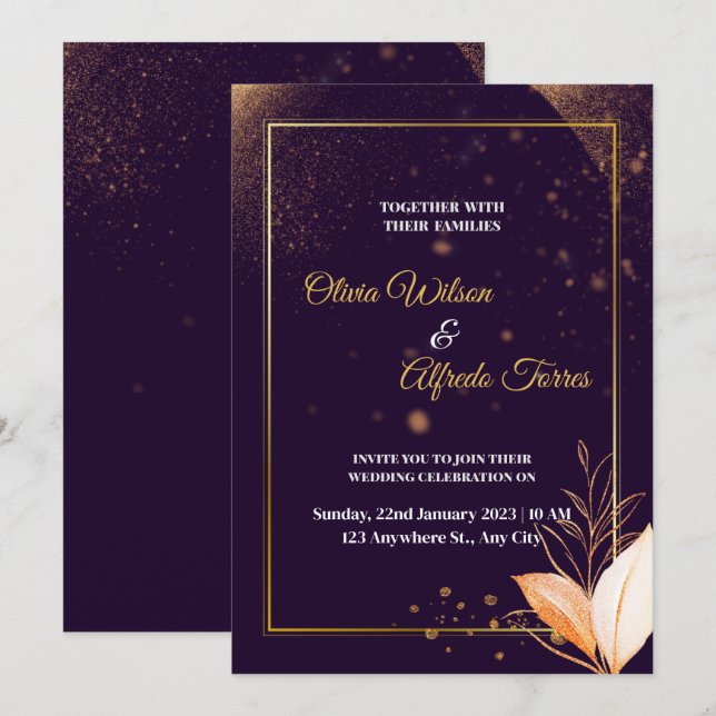purple wedding invitation with gold colours (Front/Back)