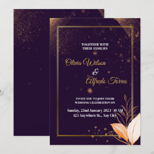 purple wedding invitation with gold colours