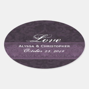 Purple Wedding Love Damask and Ribbon Oval Sticker