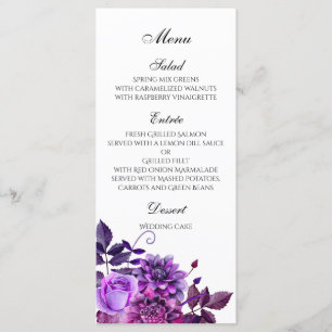 Purple wedding menu Floral dinner menu Table decor
