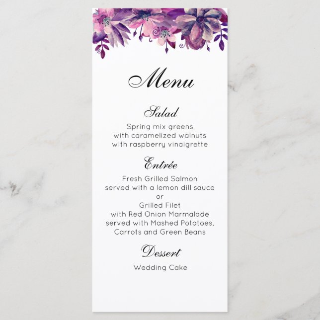 Purple wedding menu. Floral dinner menu watercolor (Front)
