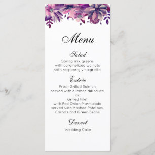 Purple wedding menu. Floral dinner menu watercolor