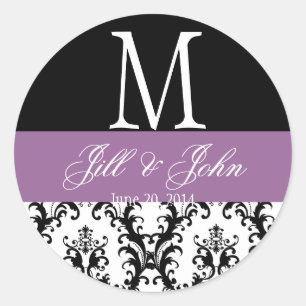Purple Wedding Monogram Names Date Damask Seal