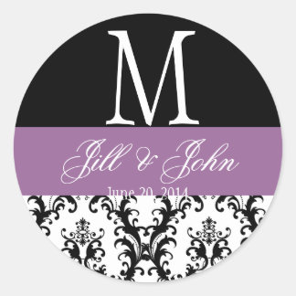 Purple Wedding Monogram Names Date Damask Seal