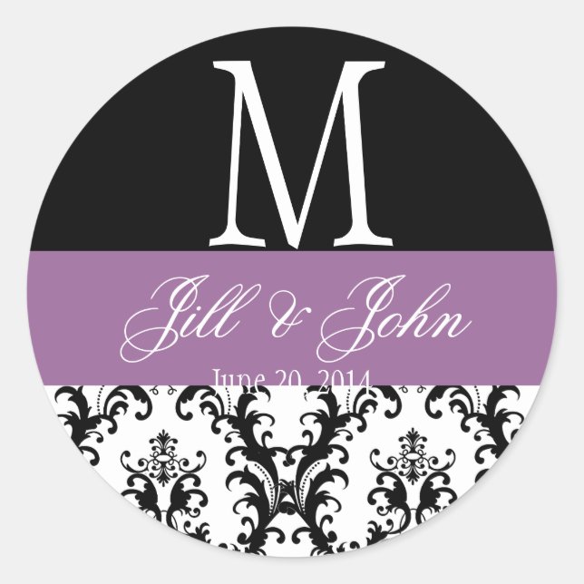 Purple Wedding Monogram Names Date Damask Seal (Front)