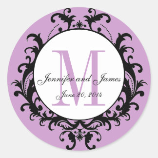 Purple Wedding Monogram Names Date Sticker