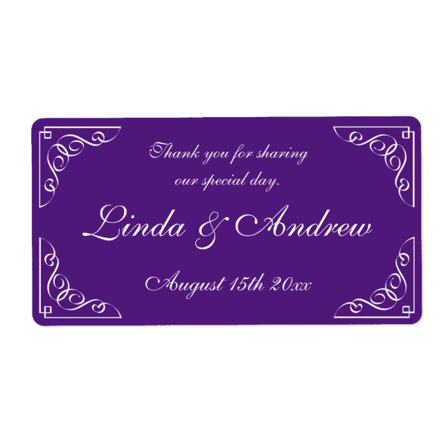 Purple wedding party favour water bottle labels (Front)