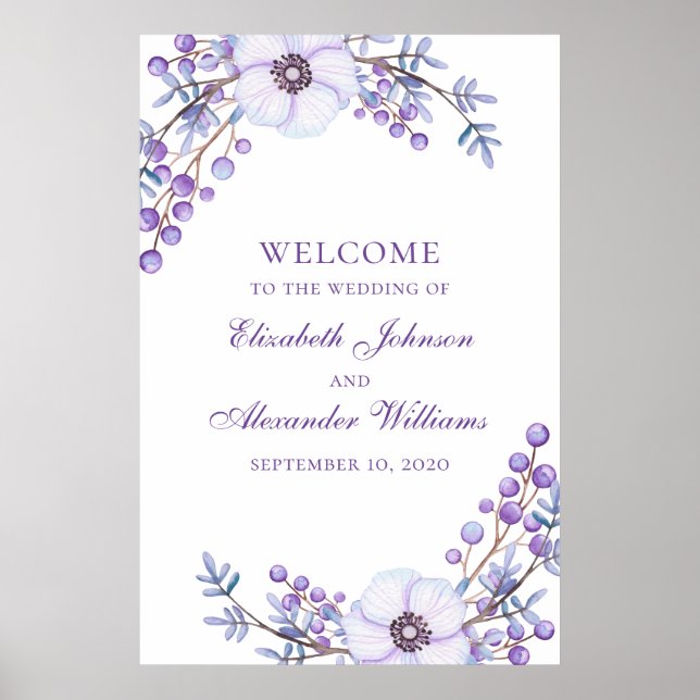 Purple wedding print. Violet flowers welcome sign (Front)