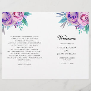 Purple wedding program folded. Lilac flowers