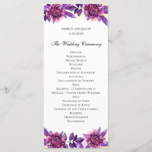 Purple wedding program. Watercolor flower ceremony Programme